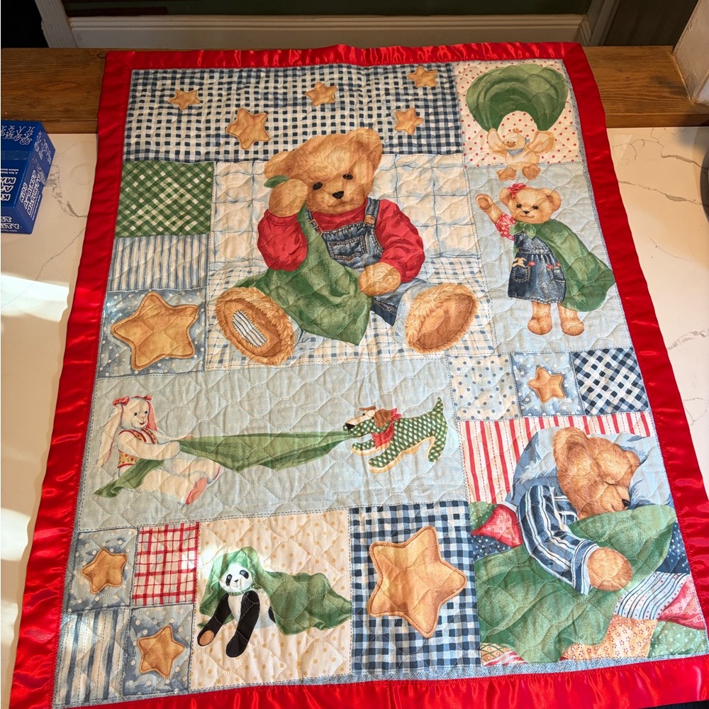 Blue Jean Teddy Bears Baby Blanket/Quilt w Bunny Duck Panda Dog Stars  34X44